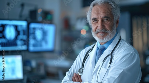 A confident doctor with crossed arms poses in a well-equipped, high-tech medical setting, featuring multiple monitors displaying medical images.