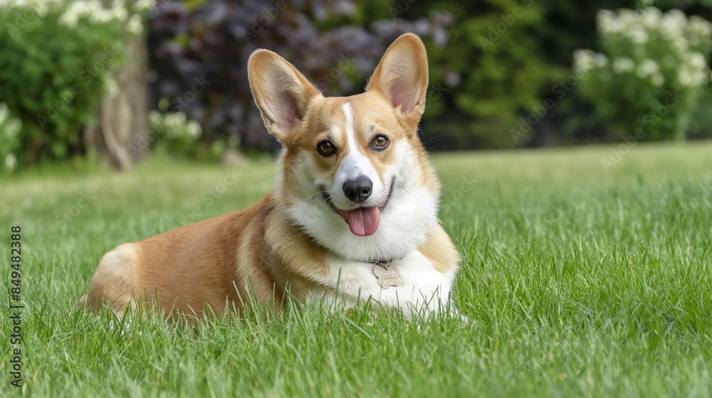 Happy corgi lying on green grass in a garden. Adorable dog portrait for design and print.
