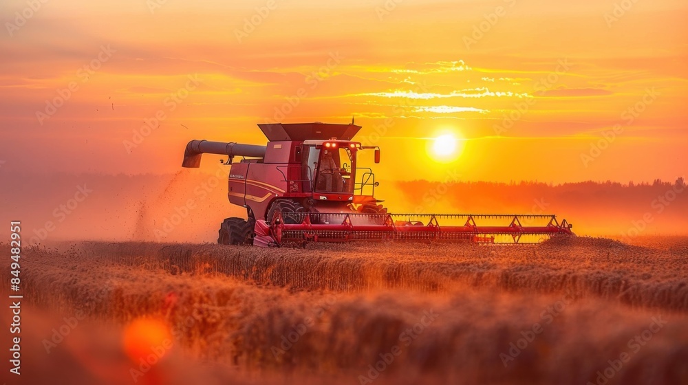 Fototapeta premium A tractor is harvesting soybean crops in a field during a vivid sunset, with golden hues lighting up the landscape.
