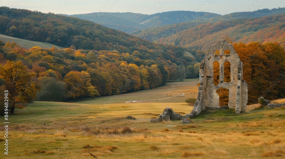 Fototapeta premium An autumnal landscape showcasing the ruins of Niedergundelfingen in Lautertal, Swabia, with colorful foliage and rolling hills creating a serene and picturesque scene.