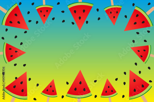 Watermelon ice cream on a stick. Frozen watermelon. Fruit ice cream with watermelon slices.