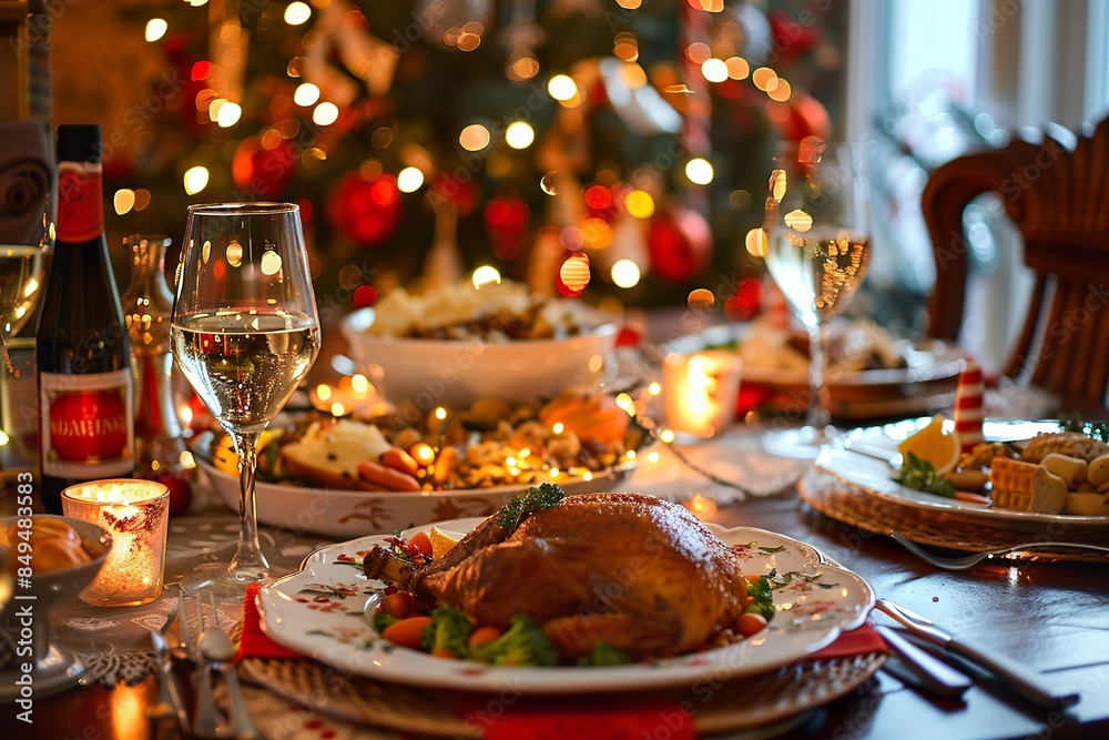 A table with a large turkey, a bottle of wine, and a Christmas tree A table with a large turkey, a bottle of wine, and a Christmas tree