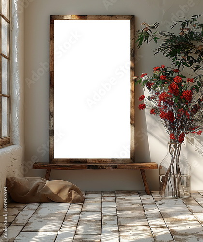 Blank wooden poster frame on white wall with red floral decor and natural light in minimalist interior setting.