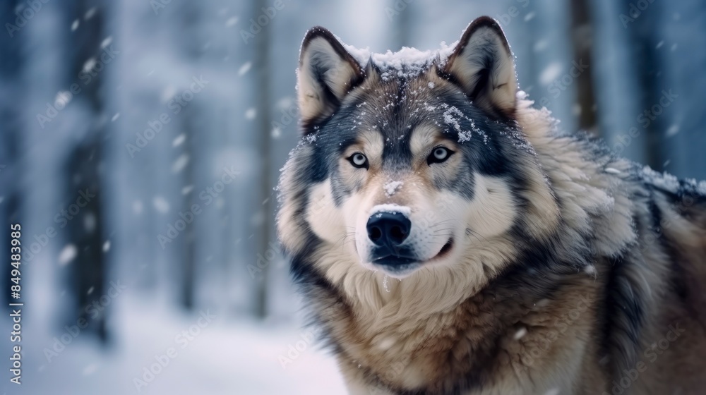 Portrait of a wolf in the winter forest