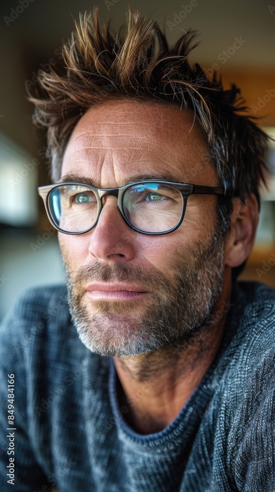 A focused entrepreneur with glasses and a beard looks thoughtfully into the distance, wearing a casual sweater. The image has a cinematic style. A focused entrepreneur with glasses and a beard looks thoughtfully into the distance, wearing a casual sweater. The image has a cinematic style.