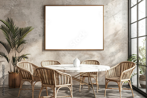 Contemporary dining room interior design mockup with white marble table, rattan chairs, and lush plants in spacious, sunlit industrial-style loft with large windows and blank white framed picture