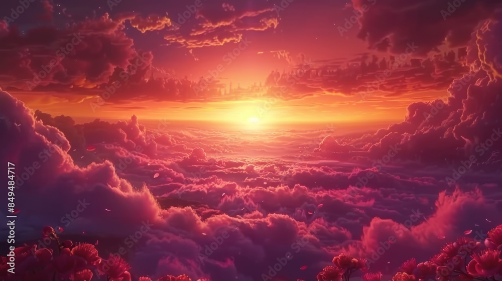 A breathtaking view of a vivid sunset above a sea of clouds, casting vibrant hues across the sky. The scenery is serene and awe-inspiring, perfect for nature lovers.