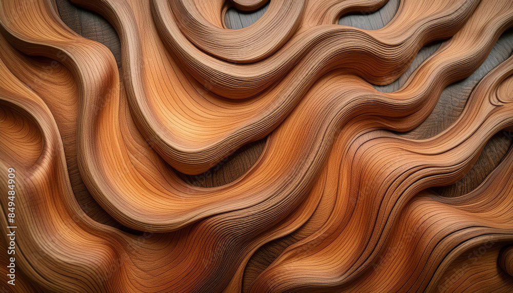 abstract closeup polished teak wood texture smooth flowing layers chiseled wavy lines, interlocking grain wavy patterns, golden brown, natural rough surface background. abstract closeup polished teak wood texture smooth flowing layers chiseled wavy lines, interlocking grain wavy patterns, golden brown, natural rough surface background.