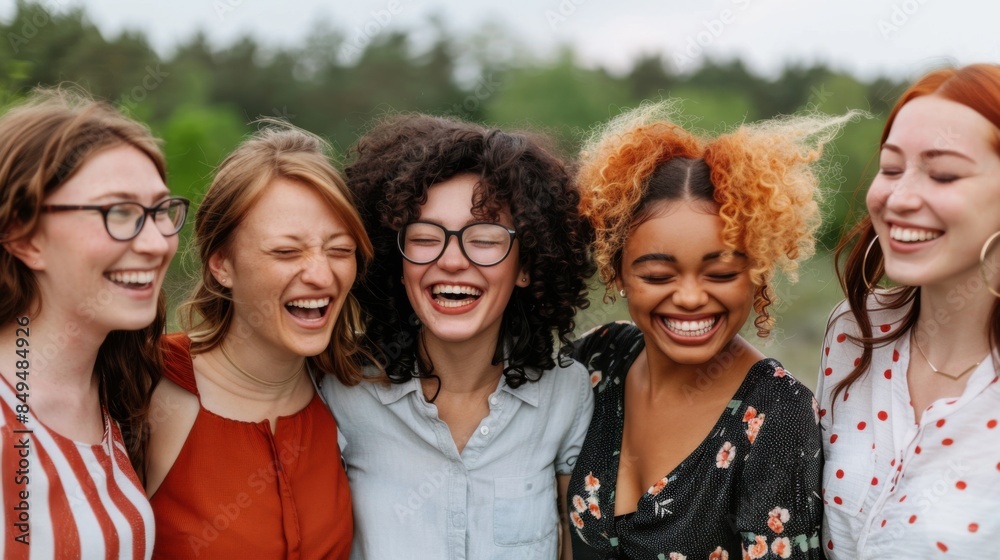 A group of five friends, consisting of four women and one person with curly hair, are laughing and having fun outdoors on a sunny day. A group of five friends, consisting of four women and one person with curly hair, are laughing and having fun outdoors on a sunny day.