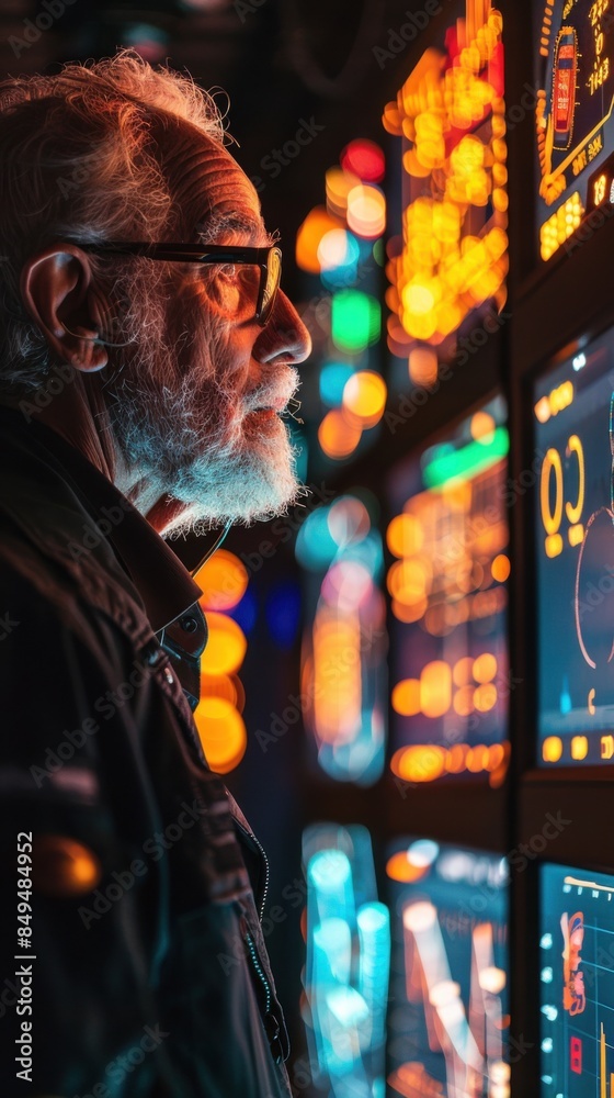 Obraz premium An elderly man with glasses is intently examining a series of glowing, colorful data screens in a dimly lit, high-tech environment.