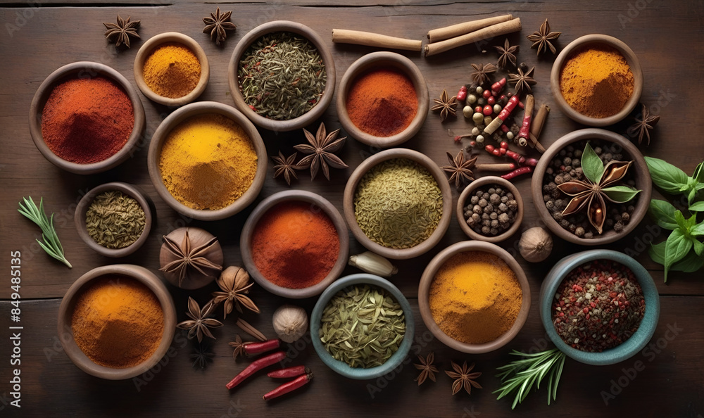 Fragrant spices and herbs in bowls, top view. on a wooden board Fragrant spices and herbs in bowls, top view. on a wooden board