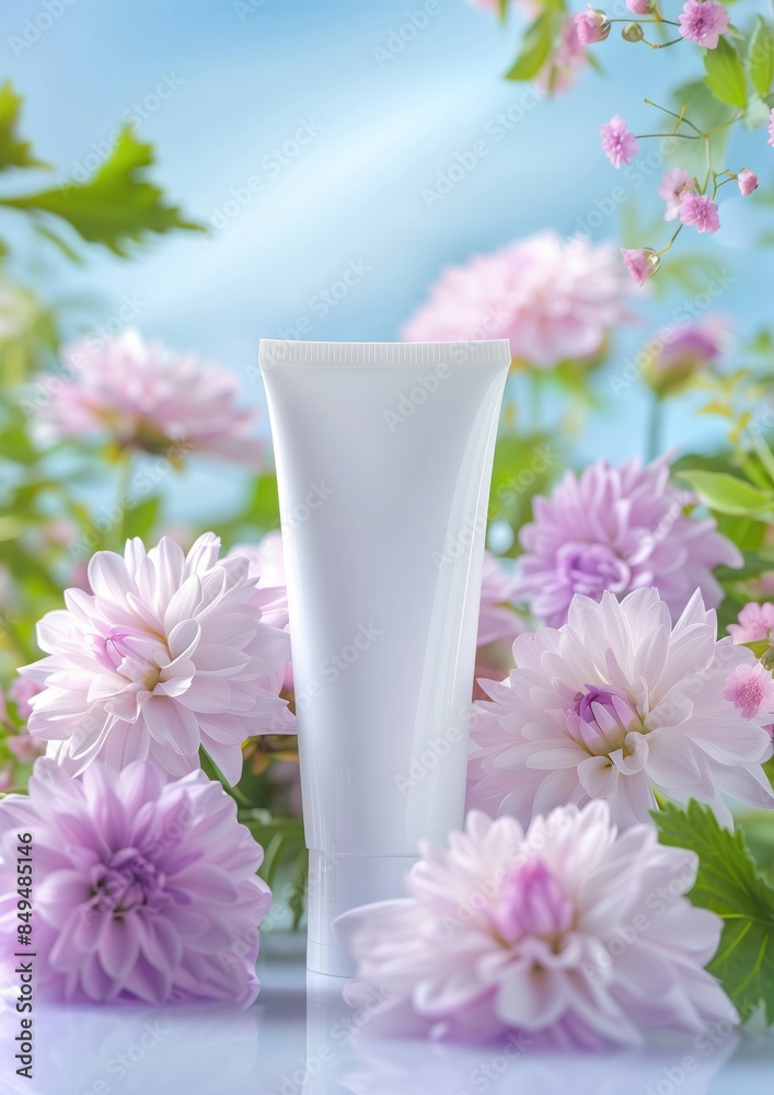 A white cosmetic tube surrounded by soft purple flowers with a blue sky background, perfect for skincare and beauty product promotions. A white cosmetic tube surrounded by soft purple flowers with a blue sky background, perfect for skincare and beauty product promotions.
