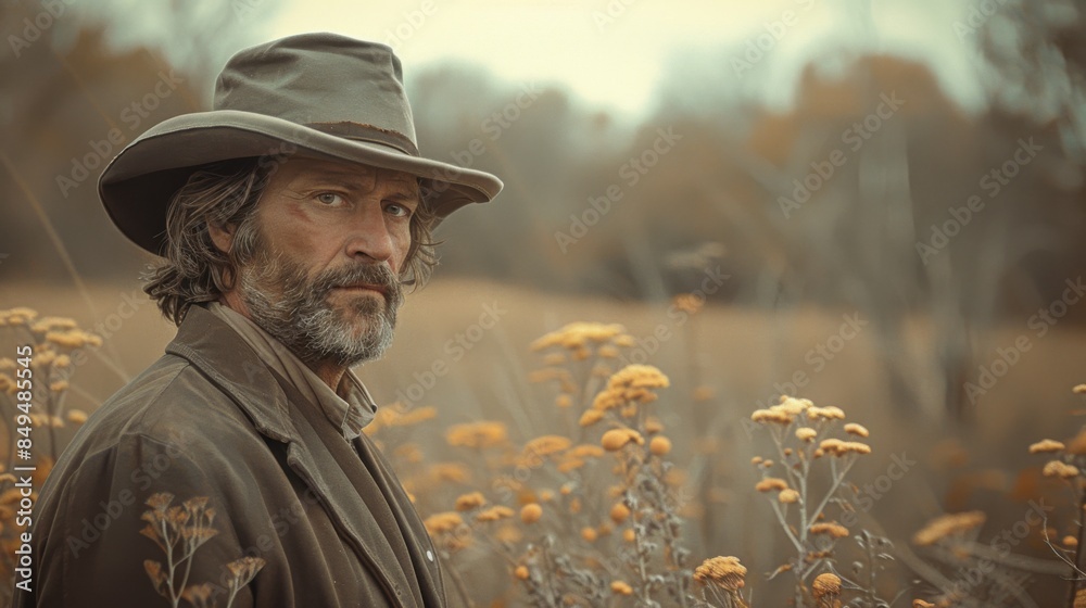 A bearded man wearing a hat and coat stands in a field of yellow flowers, looking intently into the distance. The scene has an autumnal feel with muted tones. A bearded man wearing a hat and coat stands in a field of yellow flowers, looking intently into the distance. The scene has an autumnal feel with muted tones.
