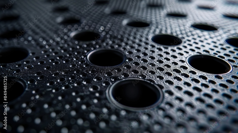 Macro shot of circular patterns on a black perforated metal grid, highlighting the industrial and architectural craftsmanship Macro shot of circular patterns on a black perforated metal grid, highlighting the industrial and architectural craftsmanship