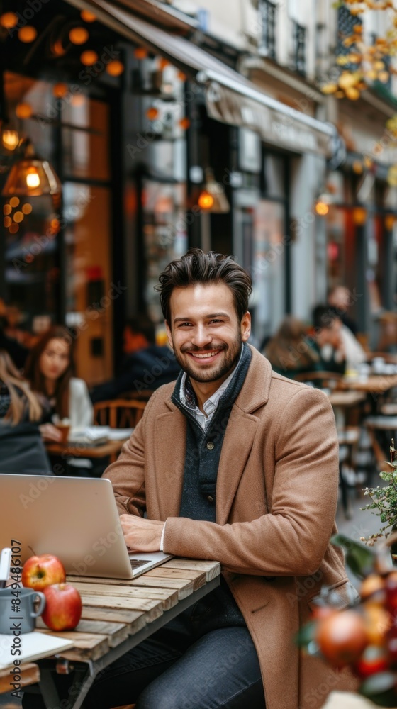 A focused entrepreneur working on a laptop at an outdoor cafe. The image has a warm, cinematic style with cozy autumn decorations and a bustling background. A focused entrepreneur working on a laptop at an outdoor cafe. The image has a warm, cinematic style with cozy autumn decorations and a bustling background.