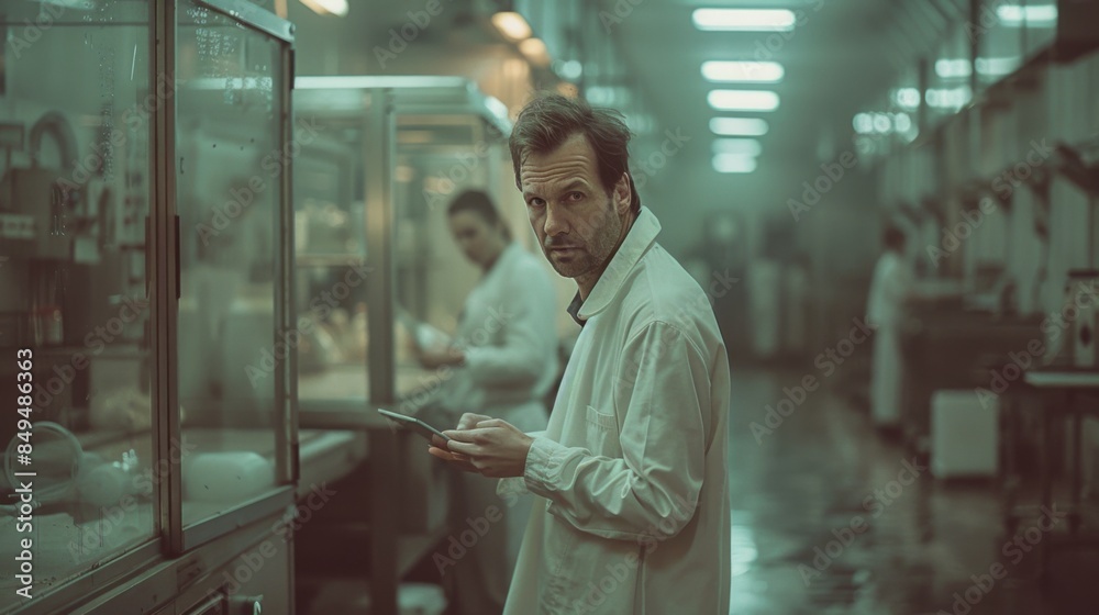 A man in a white lab coat stands in a high-tech laboratory, holding a digital tablet. The background shows lab equipment and another researcher, emphasizing a scientific environment. A man in a white lab coat stands in a high-tech laboratory, holding a digital tablet. The background shows lab equipment and another researcher, emphasizing a scientific environment.