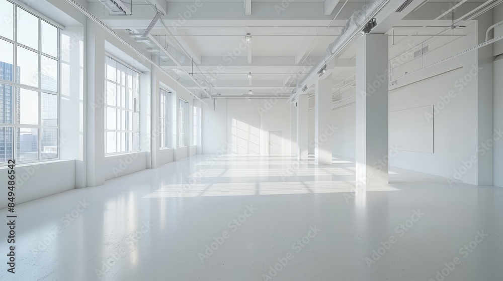 Modern white interior, empty and bright, natural light enhancing space, suitable for presentations and displays Modern white interior, empty and bright, natural light enhancing space, suitable for presentations and displays