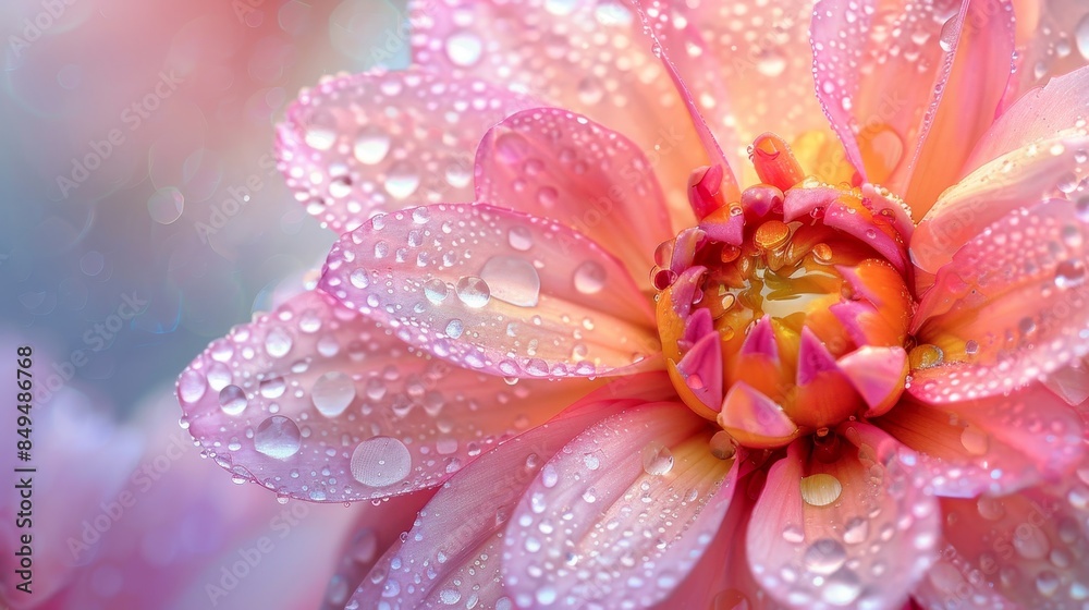 Pink flower with dewdrops, close-up, focusing on delicate petals and bright, pollen-laden stamens, vivid and natural, photo-realistic Pink flower with dewdrops, close-up, focusing on delicate petals and bright, pollen-laden stamens, vivid and natural, photo-realistic