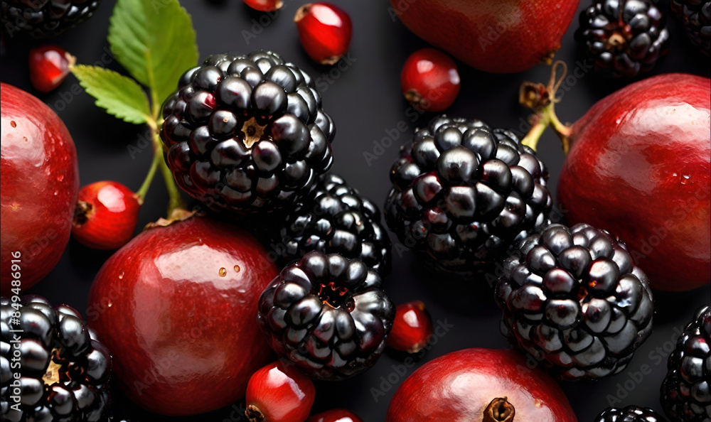 Ripe Blueberries and Pomegranate on red background Ripe Blueberries and Pomegranate on red background
