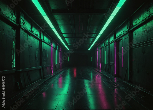 The Architecture of the Future. Concrete Tunnels and Neon Lights. Generative AI © vartox