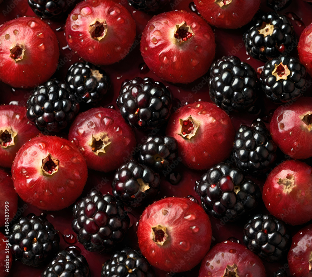 Ripe Blueberries and Pomegranate on red background Ripe Blueberries and Pomegranate on red background