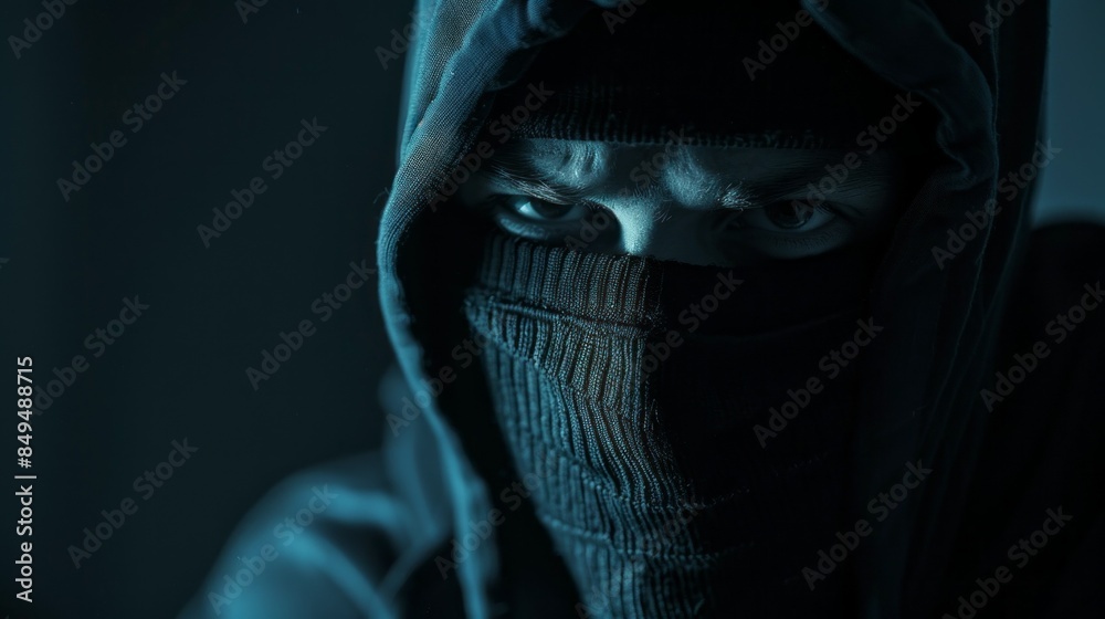 A man with a hood over his head and a scarf around his face A man with a hood over his head and a scarf around his face