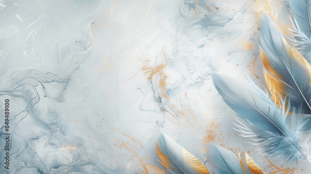 Fototapeta premium Abstract Blue and Gold Feathers on Marble Background Luxury Art Print