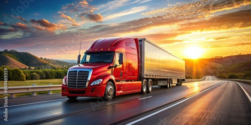 Red semi truck driving on interstate highway at sunrise, showcasing transportation and logistics , transportation