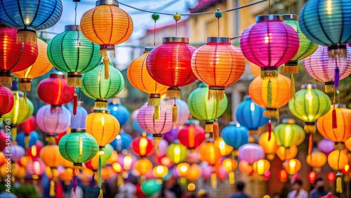 Colorful Chinese lanterns hanging in the background at a festival, Chinese, lantern, festival, celebration, traditional, decoration photo