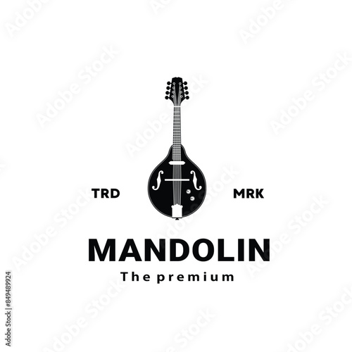Stringed musical instrument logo illustration, mandolin silhouette suitable for music stores and communities