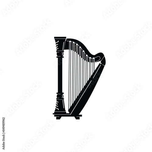 Stringed musical instrument logo illustration, harp silhouette suitable for music stores and communities