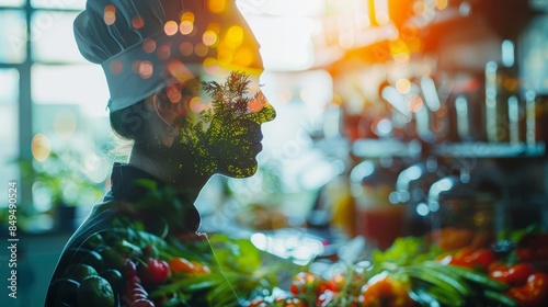 Focused portrait of a professional chef in a kitchen, fresh vegetables and culinary equipment, colorful highlights, Double exposure silhouette with culinary excellence