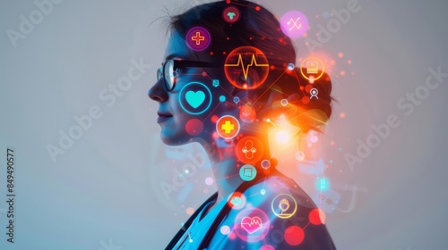 Focused portrait of a female nurse with stethoscope, heart monitor and medical icons, colorful highlights, Double exposure silhouette with clinical expertise