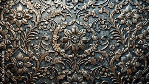 Detailed view of a dark metal surface with floral embossed patterns, providing an artistic texture, metal, dark, surface