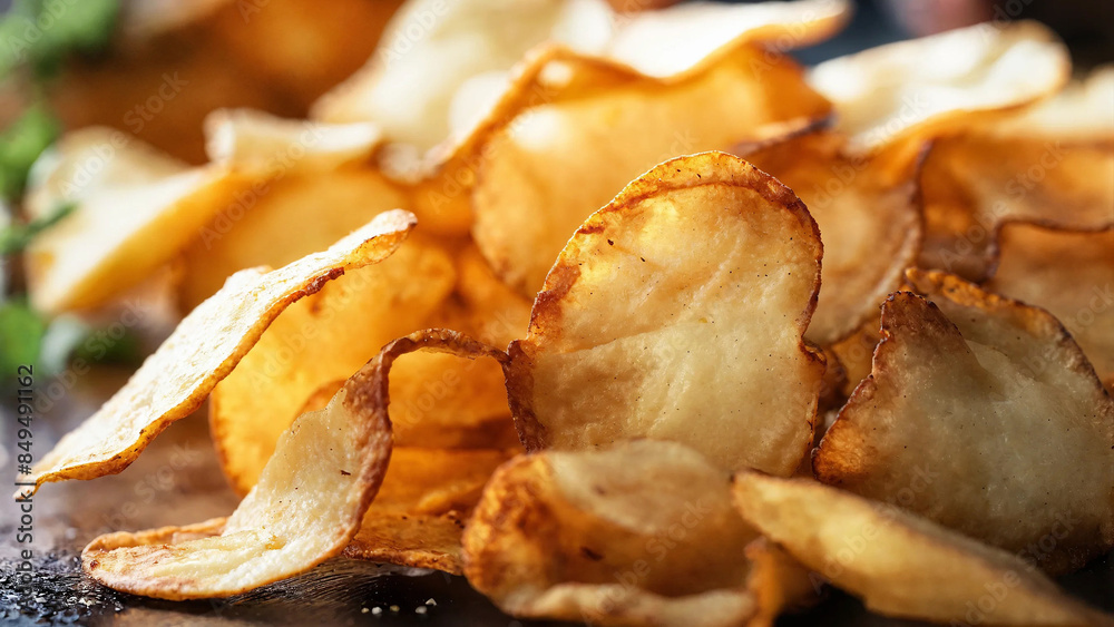 Tasty crispy potato chips, 16:9 with copyspace, 300dpi Tasty crispy potato chips, 16:9 with copyspace, 300dpi