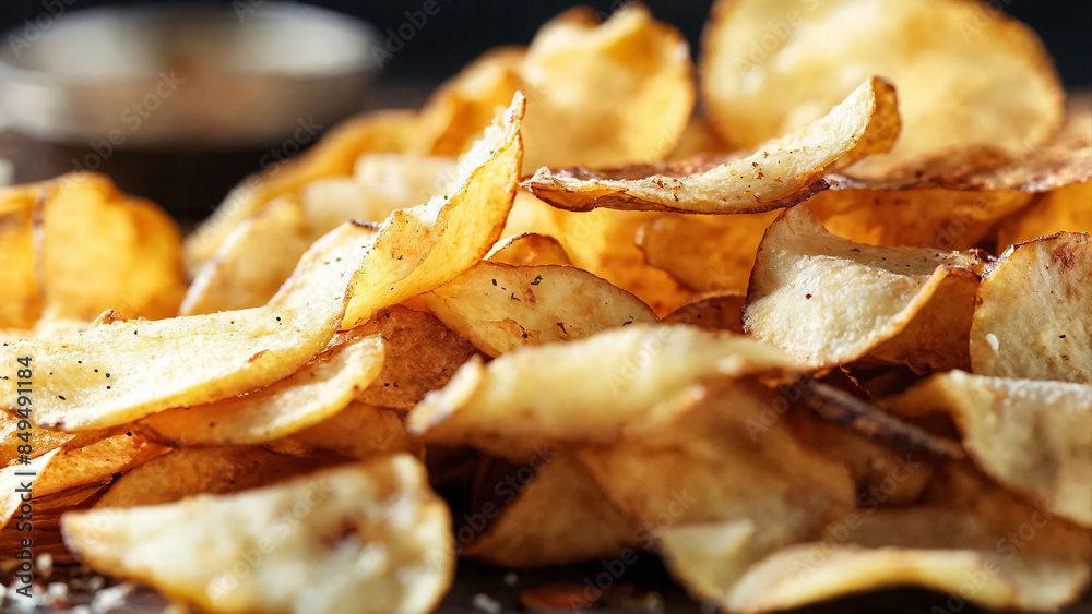 Tasty crispy potato chips, 16:9 with copyspace, 300dpi Tasty crispy potato chips, 16:9 with copyspace, 300dpi
