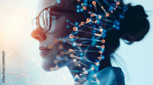 Detailed close-up of a female scientist, lab coat and glasses, DNA helix and molecules, vivid tones, Double exposure silhouette with biotech innovation