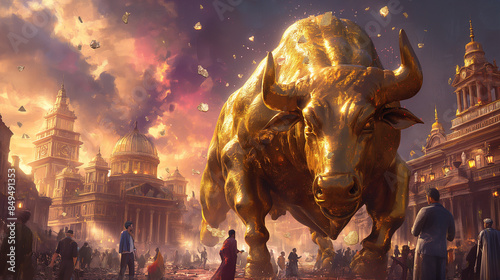 A giant bull destroying a city.  Art.