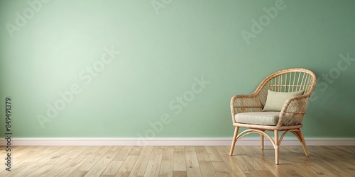 Interior home with rattan armchair on pastel green wall, hardwood floor , rattan, armchair, pastel green, wall