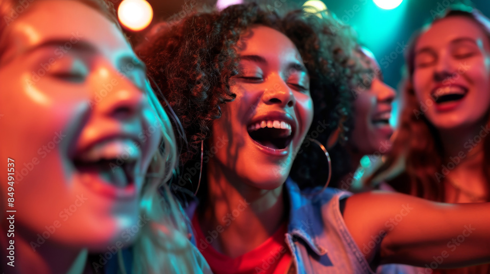 Group of joyful friends having fun and singing together at a vibrant party, enjoying music and flashing colorful lights. Group of joyful friends having fun and singing together at a vibrant party, enjoying music and flashing colorful lights.
