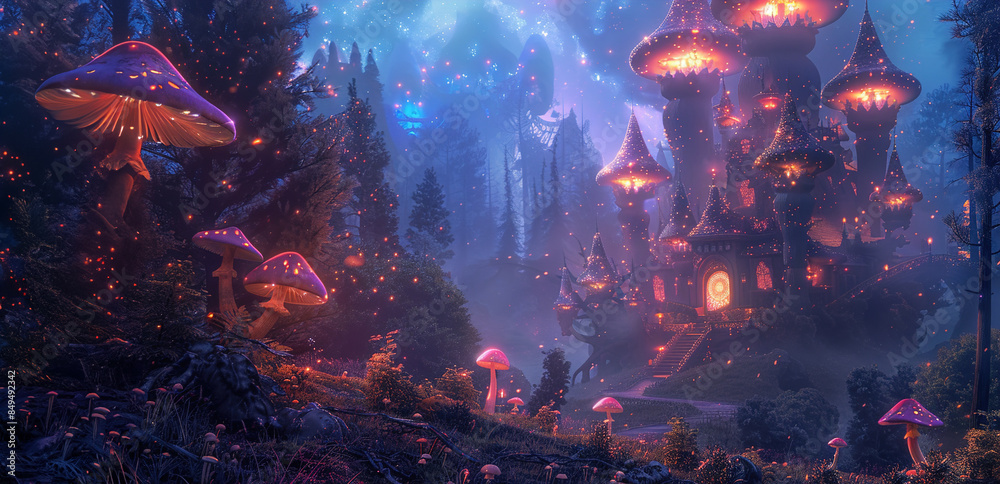 Enchanted Castle Illuminated by Glowing Lights in Magical Fantasy Landscape Enchanted Castle Illuminated by Glowing Lights in Magical Fantasy Landscape