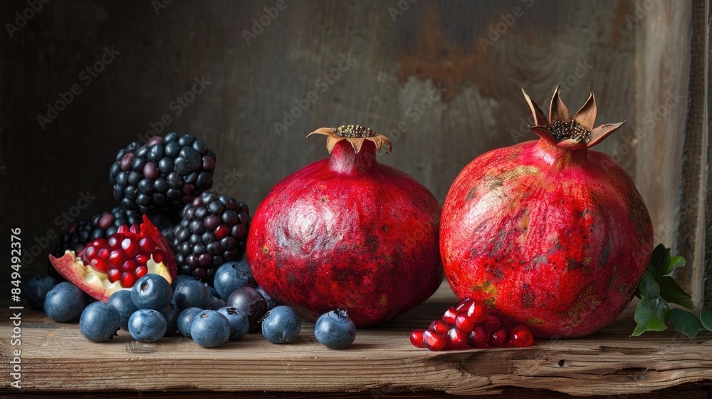 Fresh berries and pomegranate displayed on a wooden surface Fresh berries and pomegranate displayed on a wooden surface