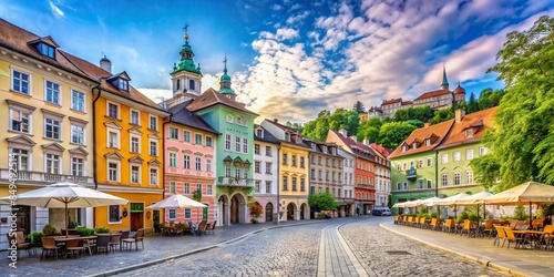 Picturesque view of Ljubljana's historic old town with cobblestone streets and colorful buildings, Ljubljana