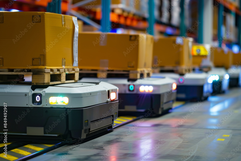 Automated robotic system transporting packages in a warehouse. Technology and logistics innovation for efficient industrial operations Automated robotic system transporting packages in a warehouse. Technology and logistics innovation for efficient industrial operations