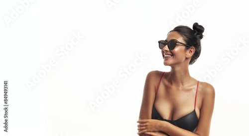 portrait girl smiling with sunglasses and bikini isolated on white background