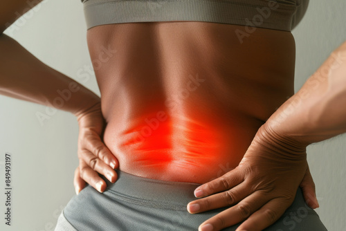 Close-up of a person experiencing lower back pain with highlighted red area, wearing sportswear, indicating discomfort or injury. photo
