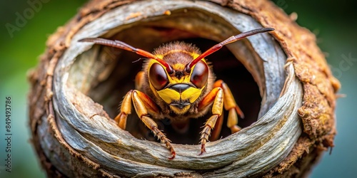 Hyperrealistic close up photo of asian hornet on nest with empty space, high quality light capture, asian hornet, nest photo