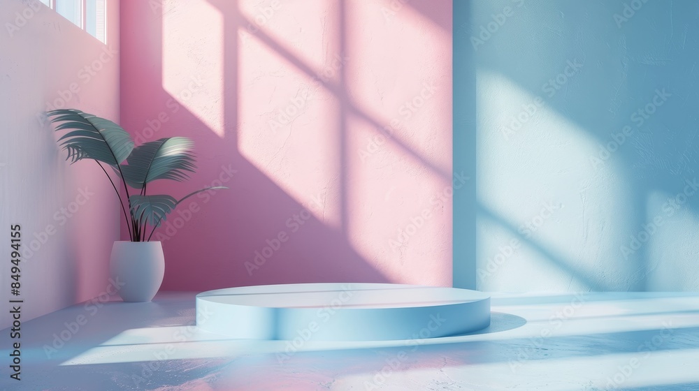 Fototapeta premium Sunlit pastel pink and blue room interior, minimalistic and abstract, with shadows on the wall and floor, ideal for product presentations with a podium