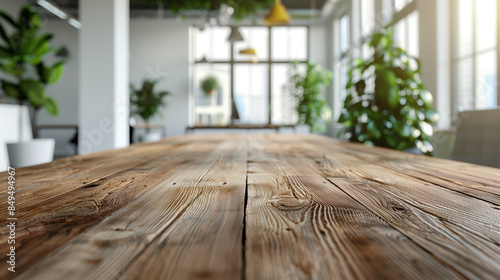 empty and clean wooden table with blurry office room