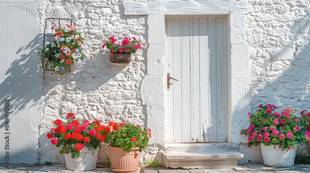 Naklejka premium A white front door featuring a few small, rectangular decorative windows, flanked by elegant flower pots on either side.